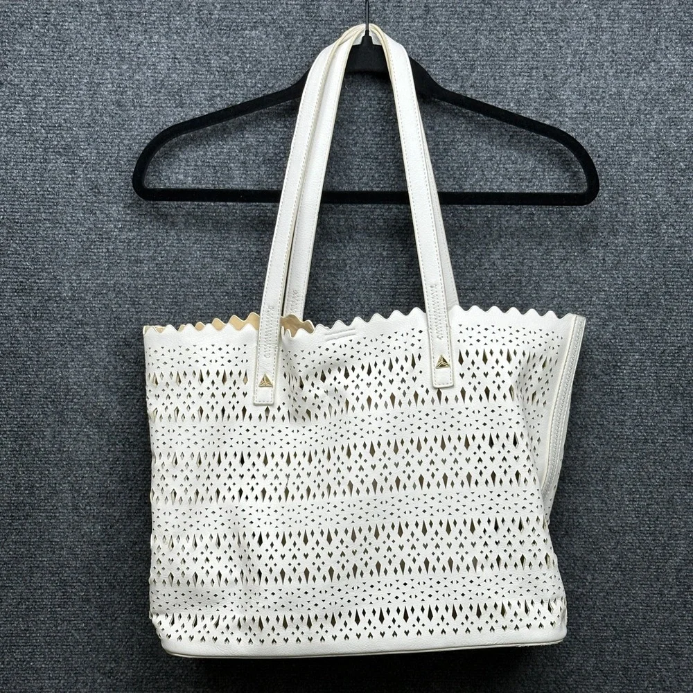 Madison West Laser Cut Perforated Scalloped White Vegan Leather‎ Tote Bag